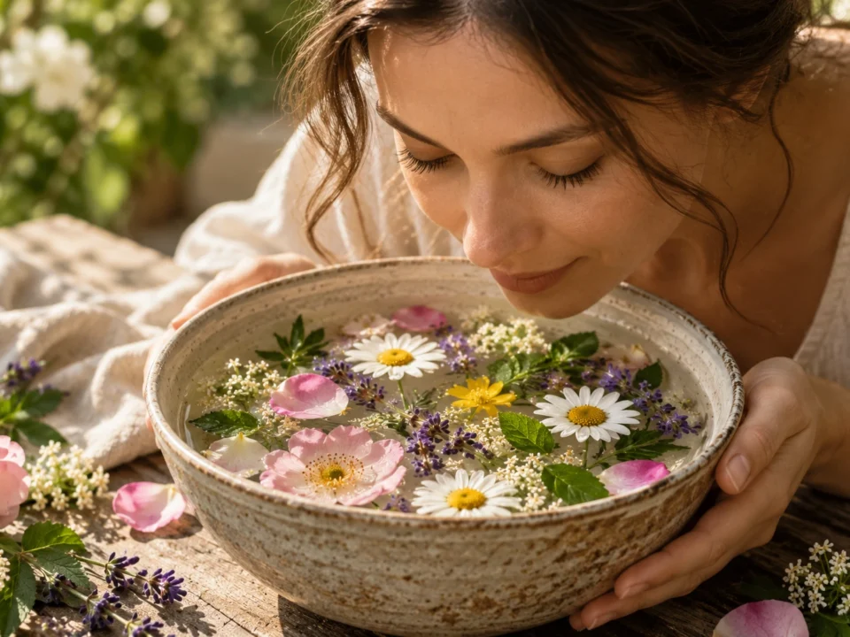 Ragazza che annusa una ciotola con acqua, petali e fiori naturali ispirati ai Fiori di Bach