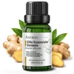 Olio essenziale di Zenzero AMYRON da 15 ml con radice fresca, fettine e foglie verdi su sfondo bianco