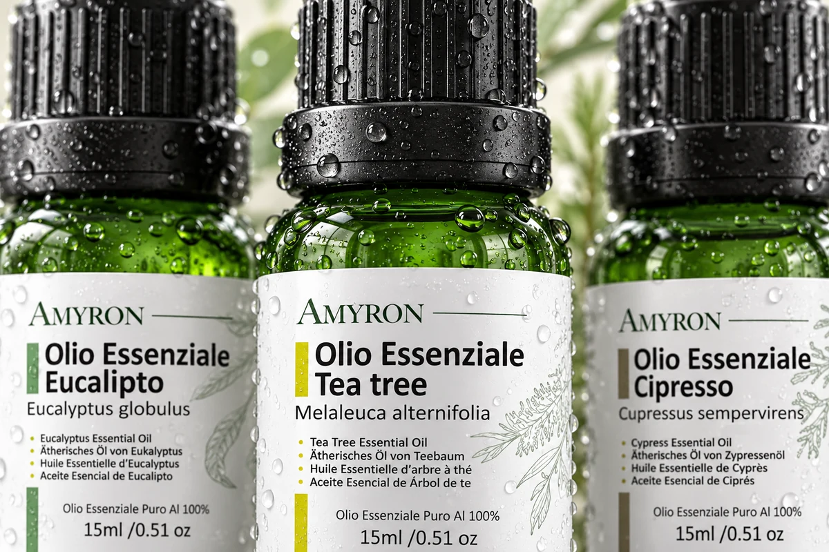 Macro delle bottiglie AMYRON di eucalipto, tea tree e cipresso con gocce d’acqua