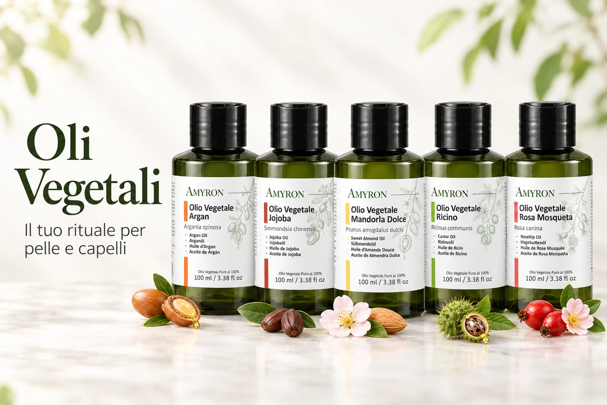 Oli vegetali AMYRON di argan, jojoba, mandorla dolce, ricino e rosa mosqueta con ingredienti botanici
