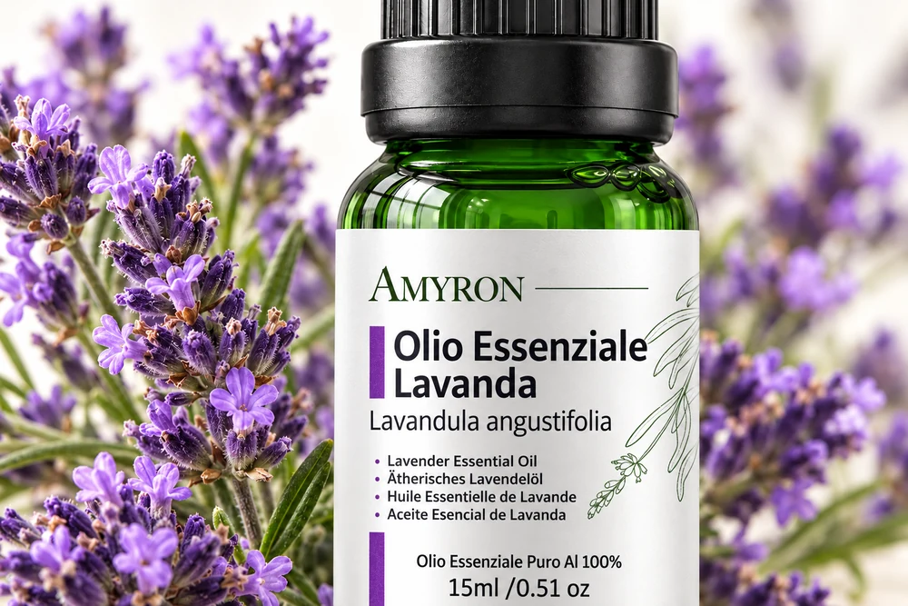 Macro della bottiglia di olio essenziale di lavanda AMYRON circondata da fiori viola