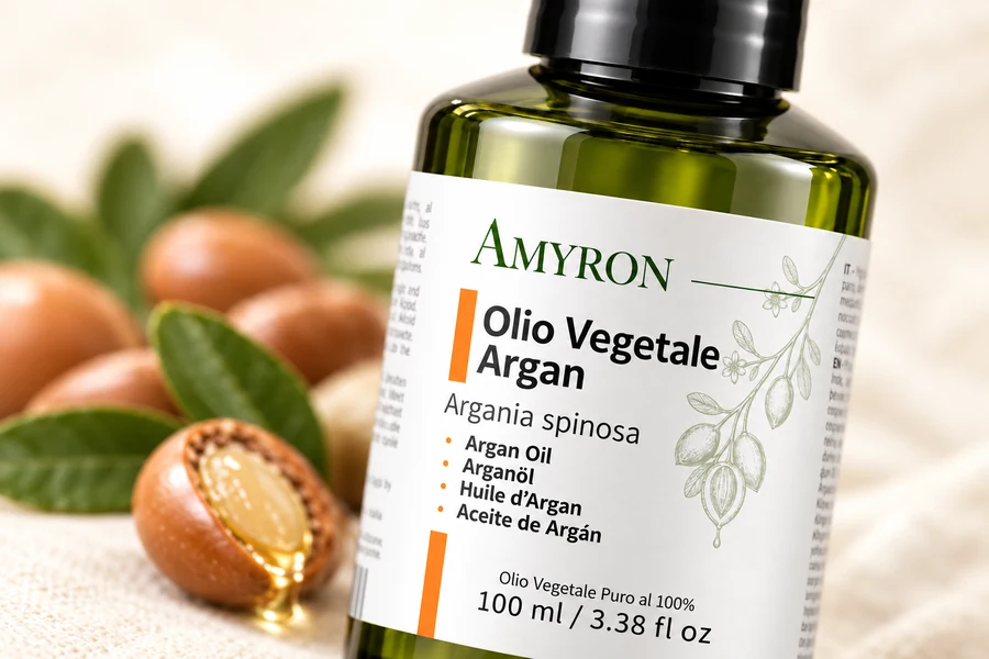 Primo piano della bottiglia di olio vegetale di argan AMYRON con semi di argan dietro e fianco