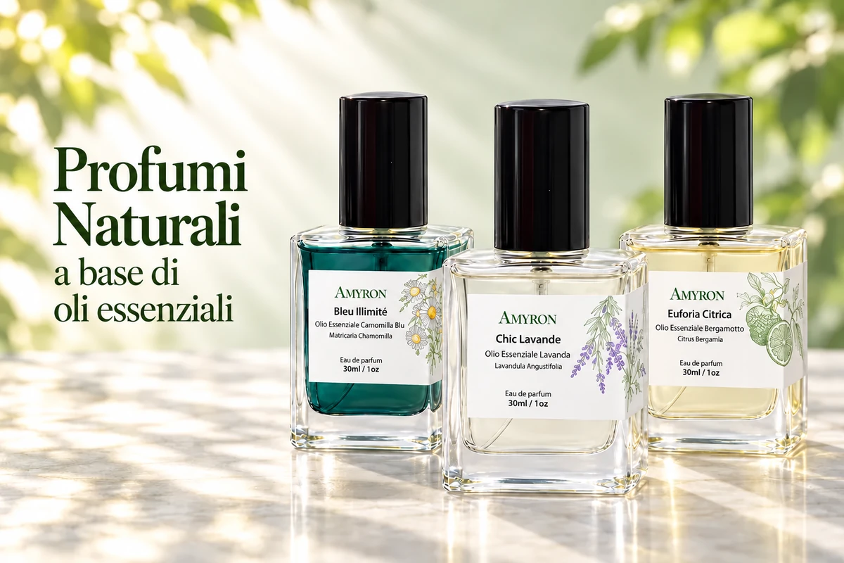 Profumi botanici AMYRON Bleu Illimité, Chic Lavande ed Euforia Citrica in una scena illuminata dal sole