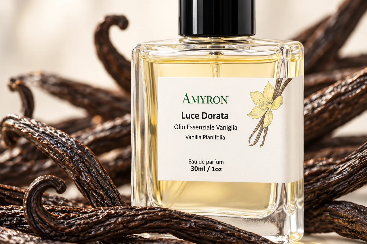 Macro del profumo Luce Dorata AMYRON circondato da baccelli di vaniglia